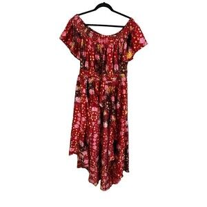 Ashley Stewart Blouse Womens 14/16 High Low Duster Top Off Shoulder Button Red